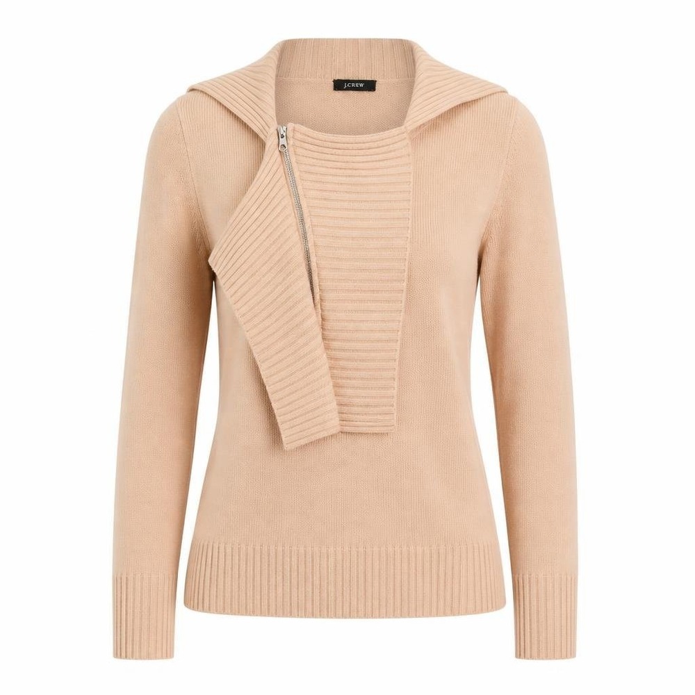 J Crew Sweater Womens M Pink Dream Asymmetrical Ruffle Zip Cashmere Wool Blend